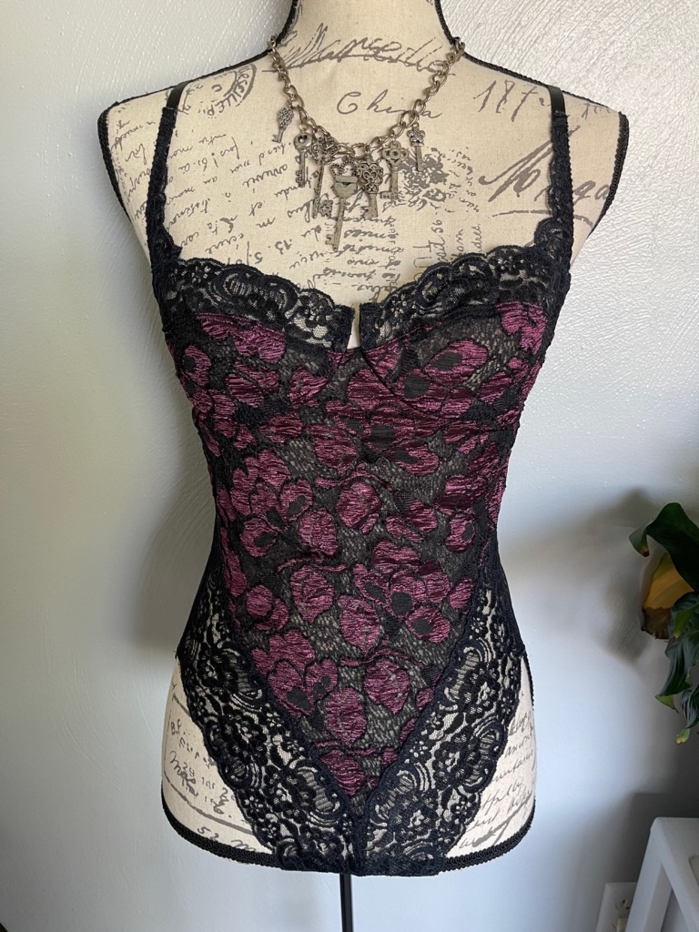 Vintage Victoria’s Secret 1980s Teddy Lace Black Burgundy Hi Cut M